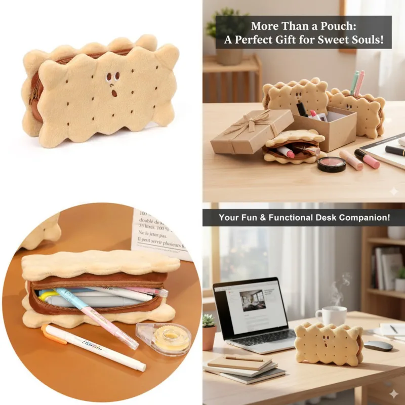 

Cookie Y2K Plush Pencil Case Cute Sandwich Biscuit Design Large Capacity Student Pen Pouch Soft Stationery Organizer Gift New