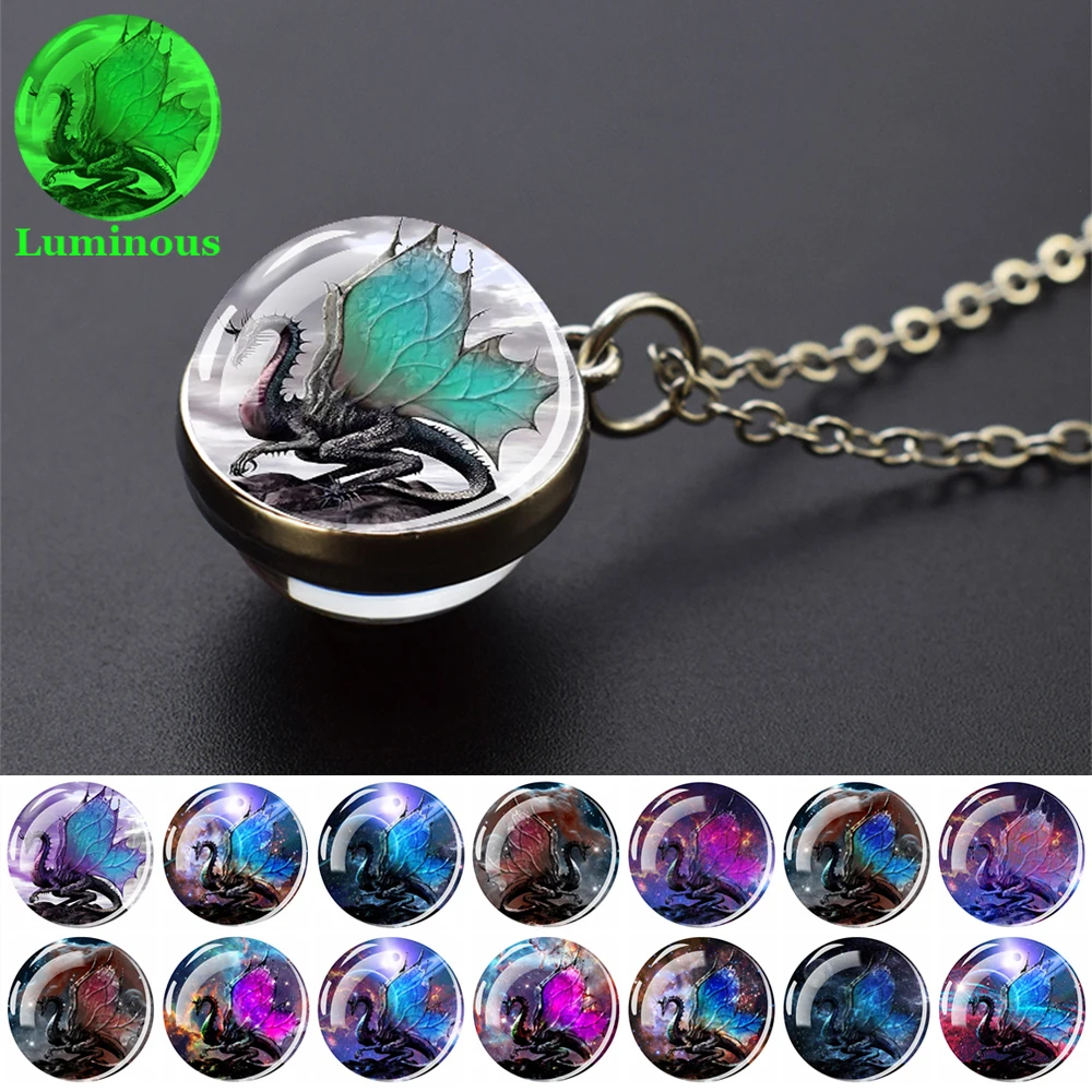 Fantasy Starry Sky Dragon Luminous Pendants Necklaces Women Men Wing Dragon Two Side Glass Ball Pendant Glow in The Dark Jewelry