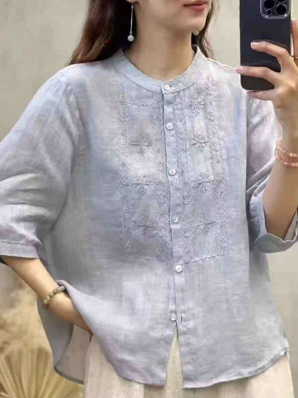 

Retro Heavy Embroidery Linen irt Women Summer Thin Artistic Loose Casual Cotton Linen Top Button Design Five-Quarter Sve