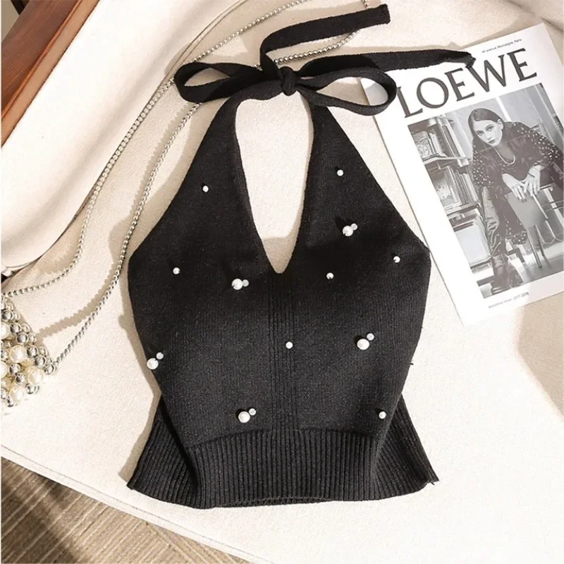 Hot Lace UP Neck-mounted V-neck French Pearls Vest Spicy Girl Backless Knit Crop Top Women Clothing Casual Streetweat New 2024