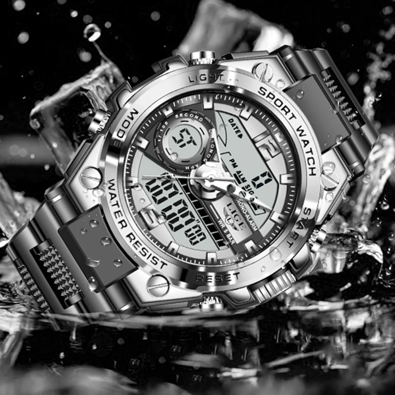 LIGE Dual Display Watch Men Fashion Business Silicone Sports Chronograph Man Wristwatch 50M Waterproof Alarm Quartz Chronograph
