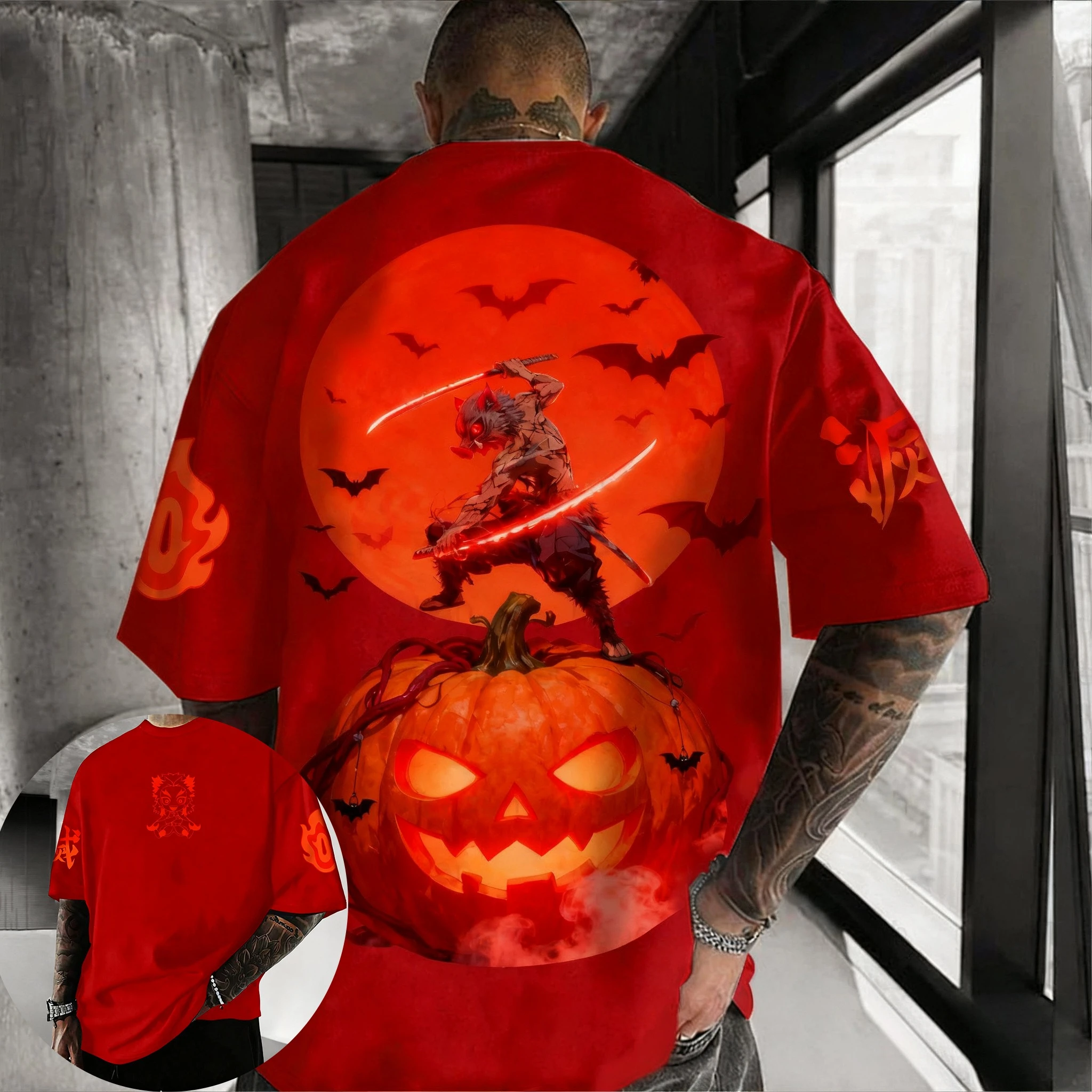 귀멸의 칼날 할로윈 플러스 사이즈 티셔츠 남성 여름 신상 애니메이션 호박 머리 프린트 캐주얼 루즈 반팔 부모 자녀 상의
