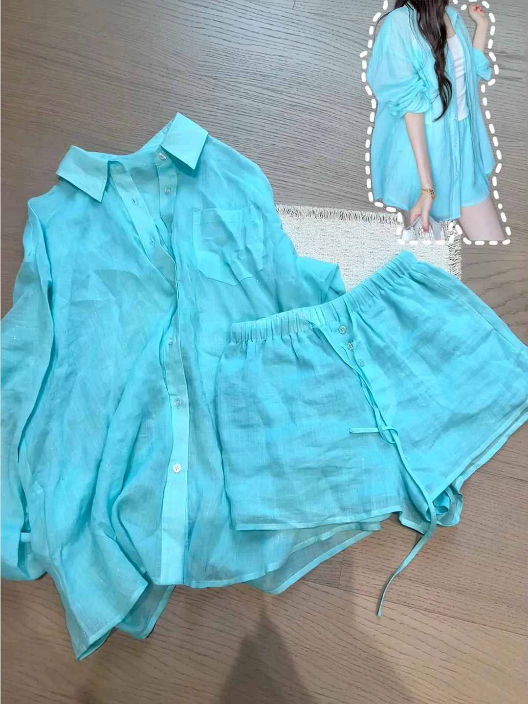 Unique Beautiful Lake Blue Linen Shirt Set Women Summer Vacation Sun Protection Shorts Two Piece Set Casual Loose Fit Breathable