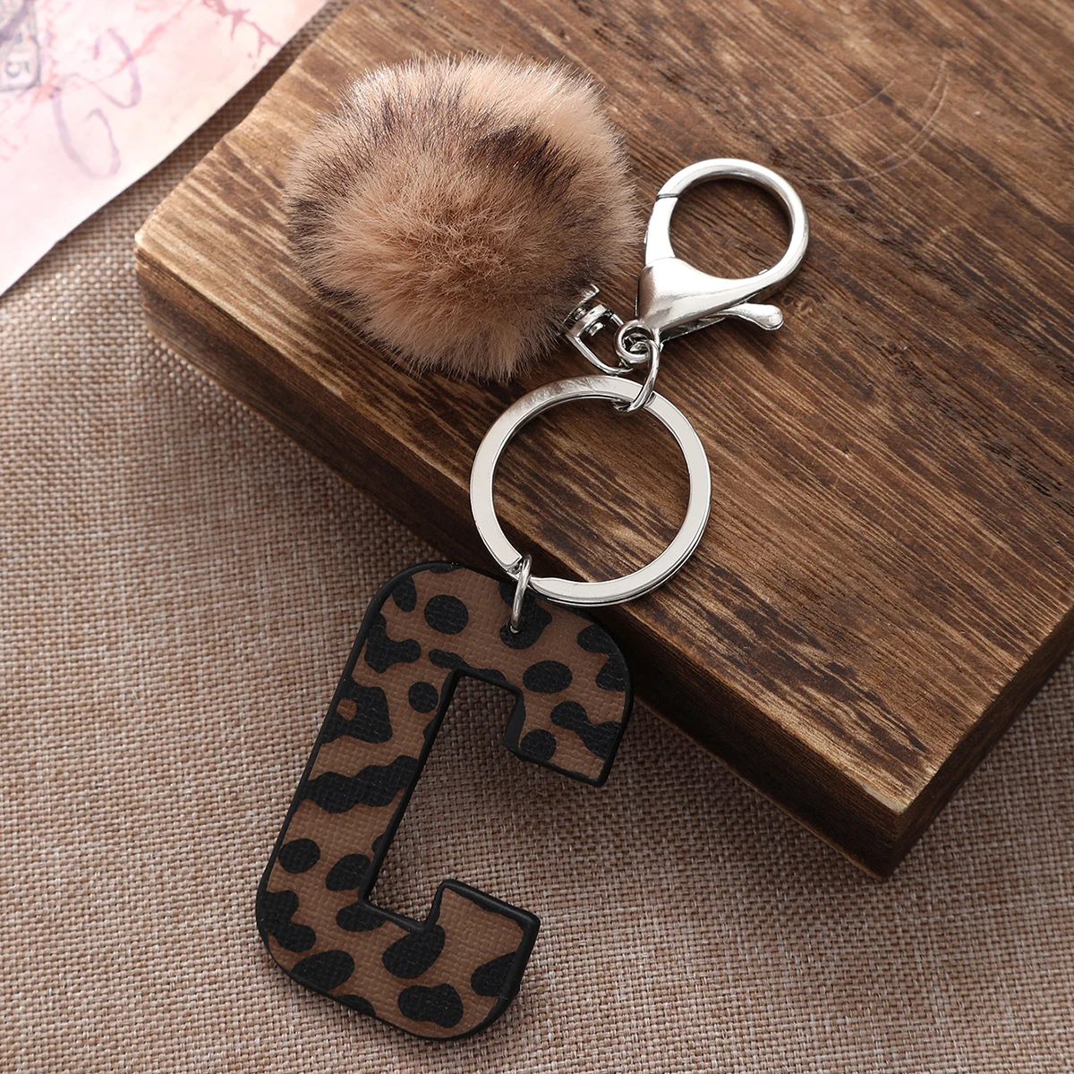 Western Sowboy Style Leopard Print Oil-edged Lettered Leather Key Chain Car Pendant Plush ball Accessories