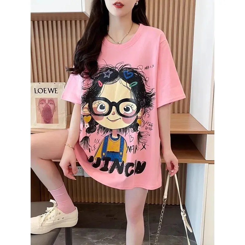 Cartoon Printing Age-reducing Foreign Style Pullover Short-sleeved T-shirt Women's Super Large Size 2-150kg Summer Fat Mm Casual