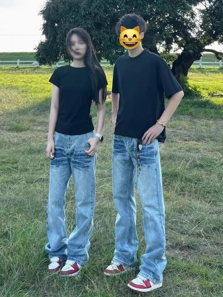 

American High Street Vibe Lightning Pattern Men's Jeans Summer Trend CleanFit Straight Leg High Waist Slimming Capri Pants