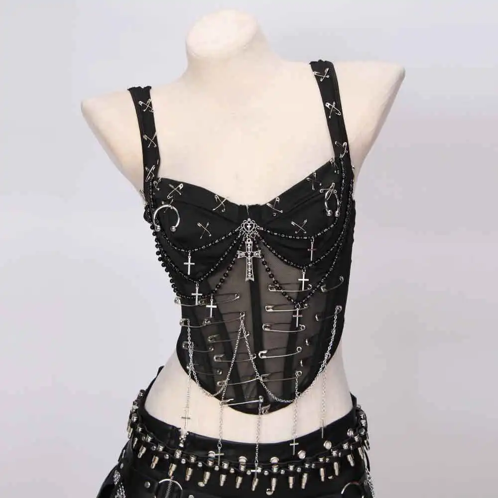 Women's Y2K Gothic Cross Crop Top Emo Grunge Punk Tank Egirl 90s Style Sexy Goth ALT T-Shirt for Party Club Alternative Clothing