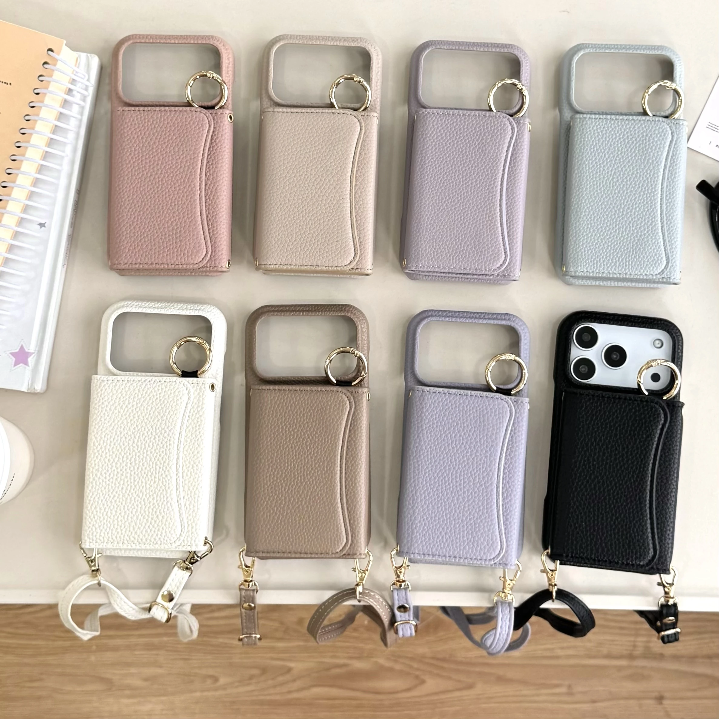 Funda de cuero tipo billetera magnética con soporte de anillo cruzado semicircular para iPhone 17 Pro Max 16 Plus 15 Plus 14 13 funda con cordón largo