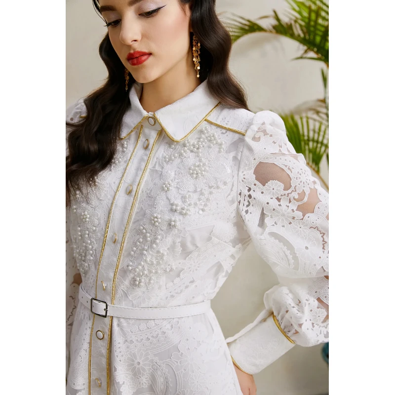 2025 Autumn Lapel Gold-Trimmed Beaded Corsage Wide-Swing Hollow-Out Lace Maxi Dress - European Princess-Style Outfit