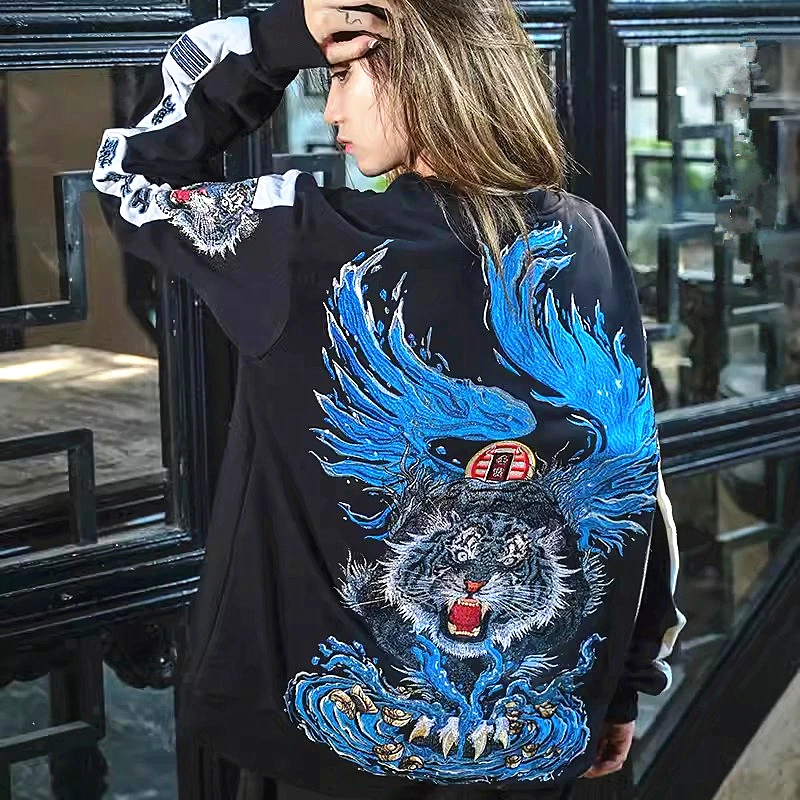 Tiger Blue Heavy Work Embroidered Men Boys Sweatshirt Sweater Pullover O-Neck Long Sleeve Loose Streetwear High Quality Winter