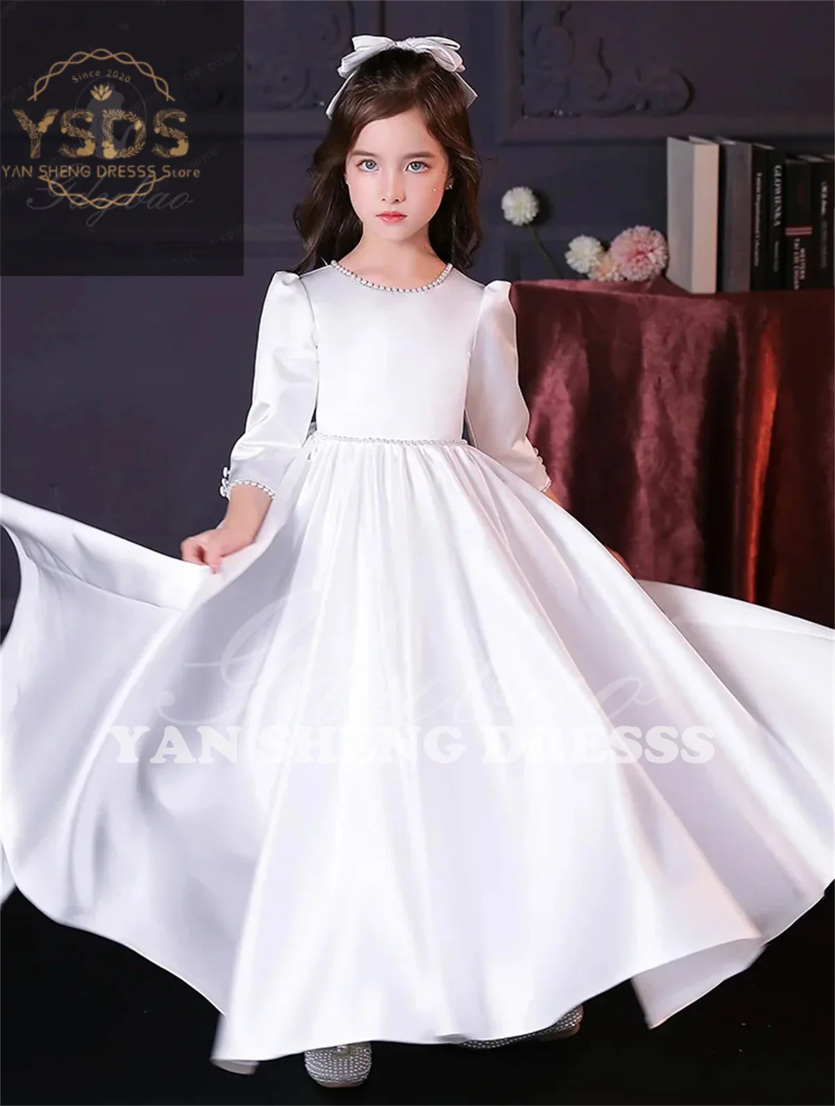 2024 White Satin Stunning Flower Girl Dress Floral Appliques Kids Pageant Gowns Princess Birthday Party Dress