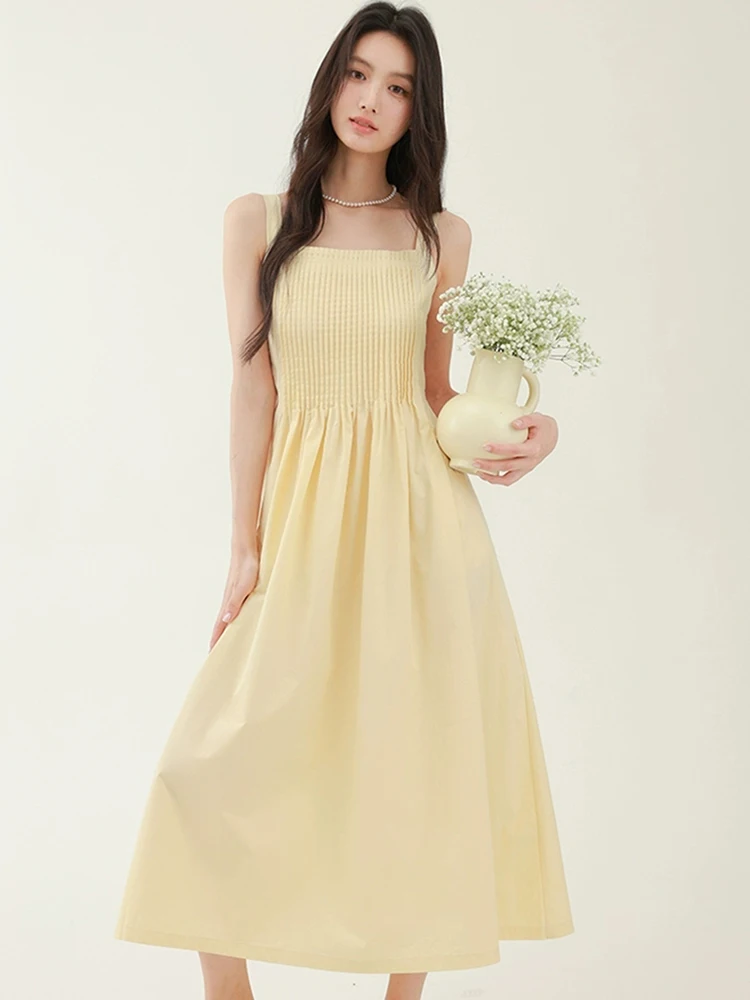 

Summer Solid Pleated Bodycon Square Collar Sling Dress Women Korean Elegant Casual Long Dress 2026 Fashion Chic Festival Dresses