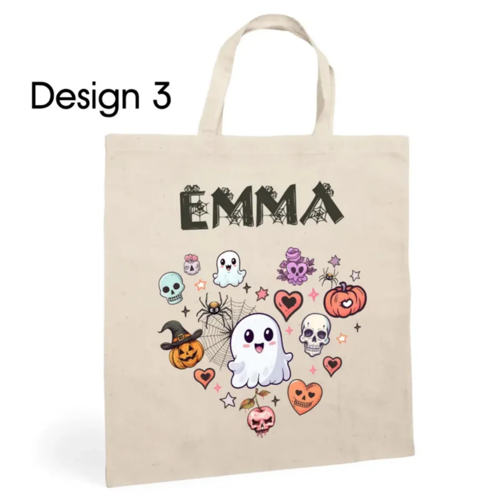حقيبة حمل مخصصة للهالوين - حقائب خدعة أو علاج مخصصة، إكسسوارات تحمل اسمًا للأطفال بتصميم خفاش قطني مخيف