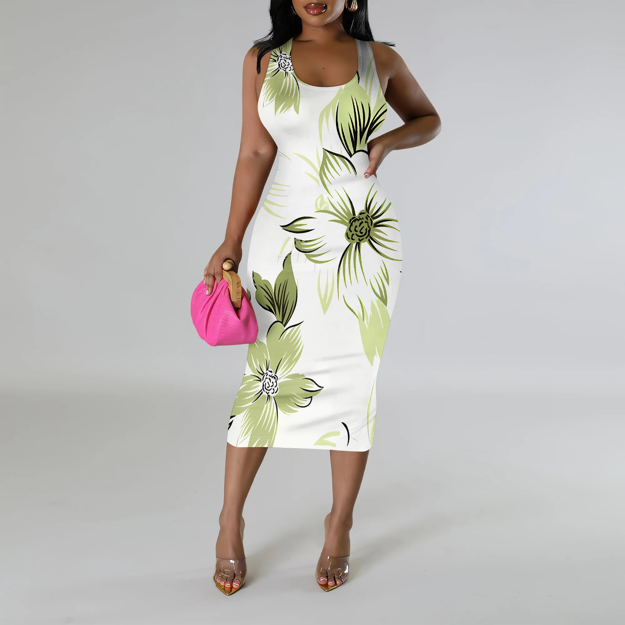 

SheFirstStyle Floral Print Bodycon Dress for Women Summer Sleeveless White Green Plus Size Tank Dress Polyester Fabric