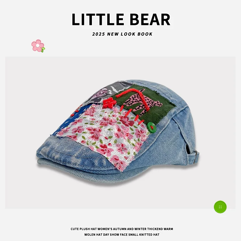 

Cute Sticker Denim Forward Hat Y2K Spring Summer Travel Fashion Versatile Sunscreen Casual Retro Berets Cap for Men and Women