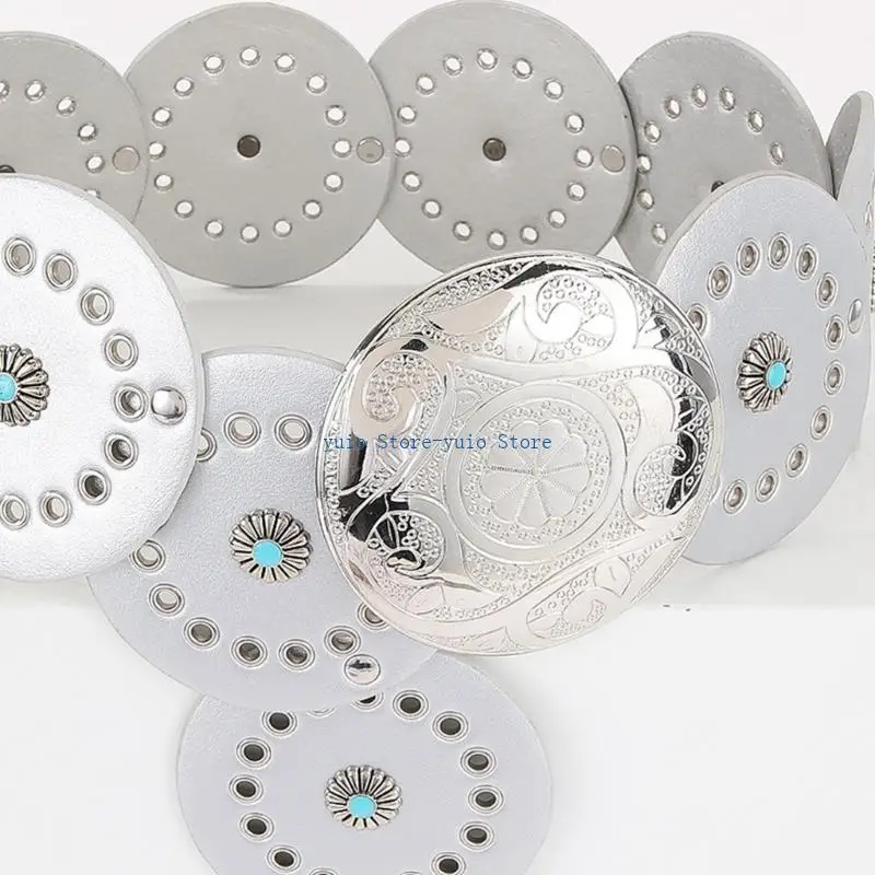 

X7XB Adult Vintage Round Shaped Disc PU Waist Strap Big Eyelet Belt Western Waistbelt
