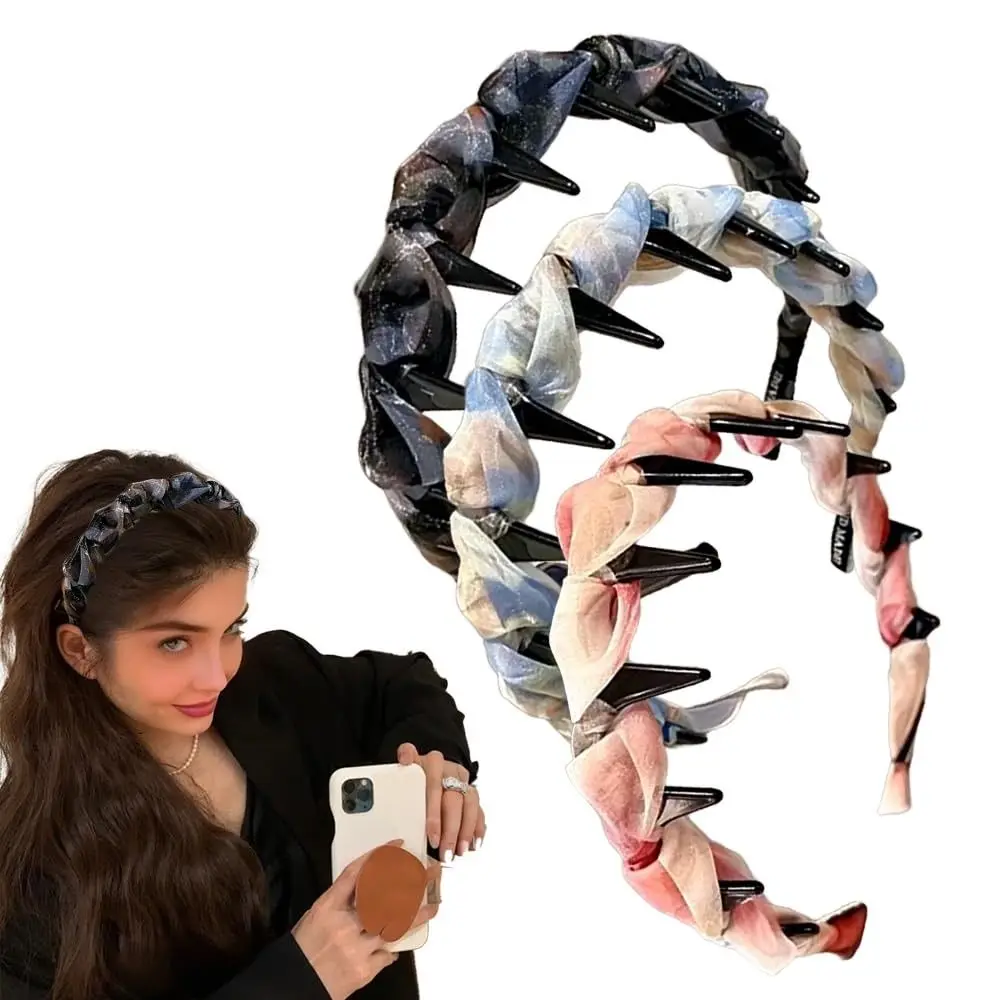 

Fashion Lace Mesh Hairband Pleated Non-slip Hair Hoops U Shape Toothed Hair Comb for Women Girls