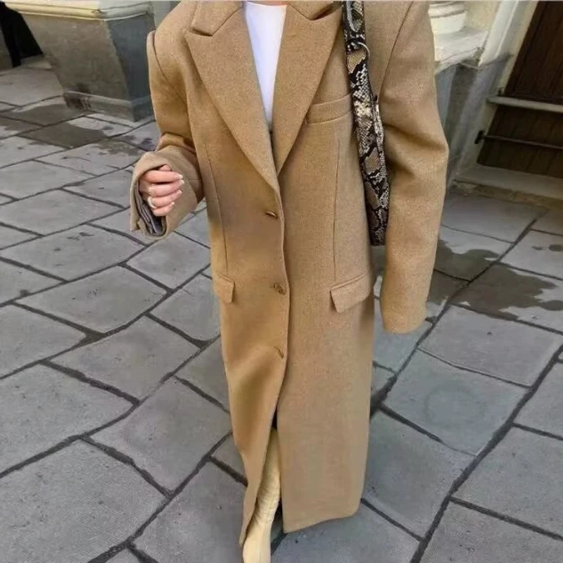 Women's Camel Wool Blend Long Coat Lapel Single‑Breasted Loose Winter Warm Outerwear Female Casual Long Sleeve Trench Overcoat