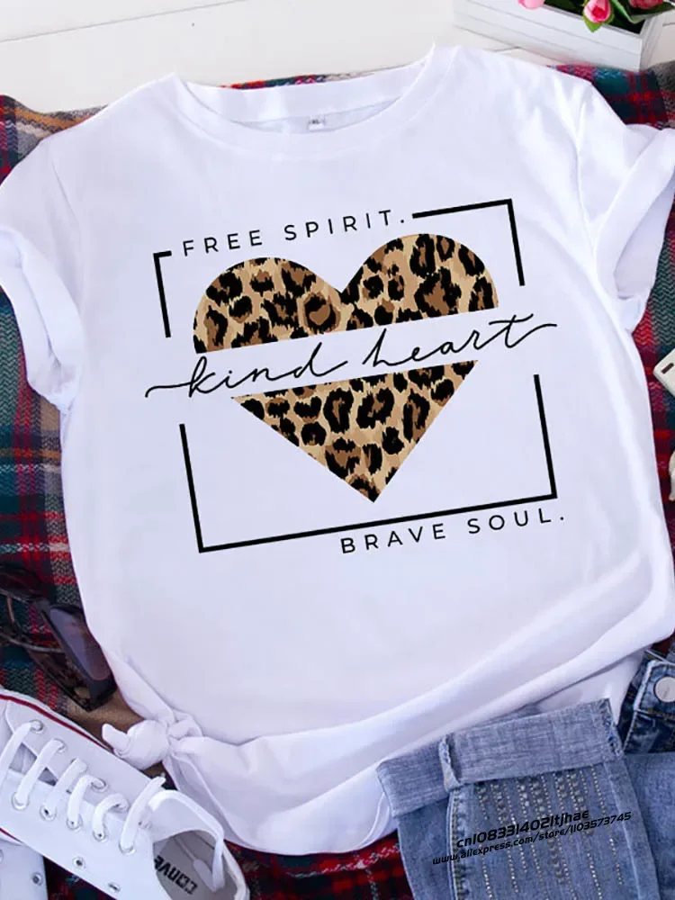 Women Leopard Love T Shirt for Girls Lover Graphic Printed Tshirt Free Spirit Brave Soul Women  Tshirt Valentine's Day Heart
