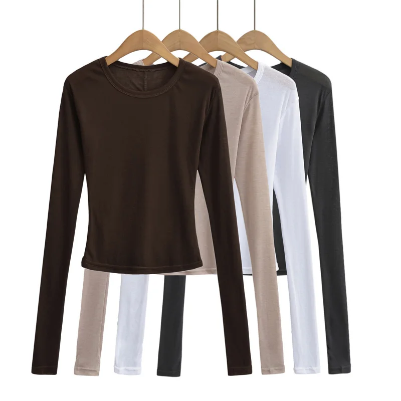 Women's round Neck Long Sleeve Shirt Slim Fit Semi Transparent Autumn New Product
