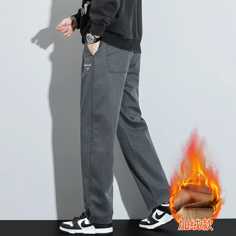 กางเกงคาร์โก้ขายาวทรงหลวมขาตรงบุขนไลโอเซลล์สำหรับผู้ชาย ฤดูใบไม้ร่วง ฤดูหนาว ปี 2025 กางเกงลำลองอุ่นสบาย ไซส์ใหญ่พิเศษ 5XL