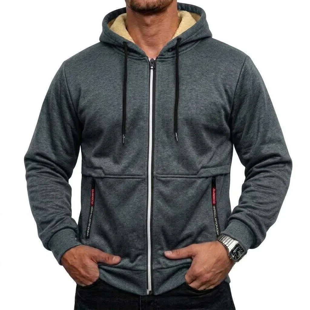 Neue Herren-Hoodie-Jacke mit Reißverschluss und Sherpa-Futter, Warme Dicke Winter-Fleece-Kapuzenjacke, Thermisches Freizeit-Oberbekleidungsstück, Schwergewichtiger Mantel – Detail 10