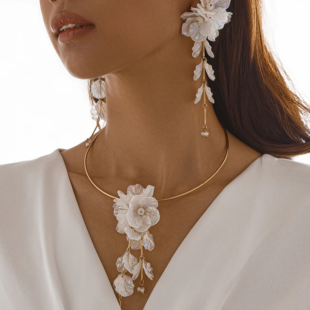 Ingemark Creative Punk Torques Chain Necklace Women Wed Bridal Elegant White Flower Hanging Drop Earrings Wed Zestaw biżuterii ślubnej