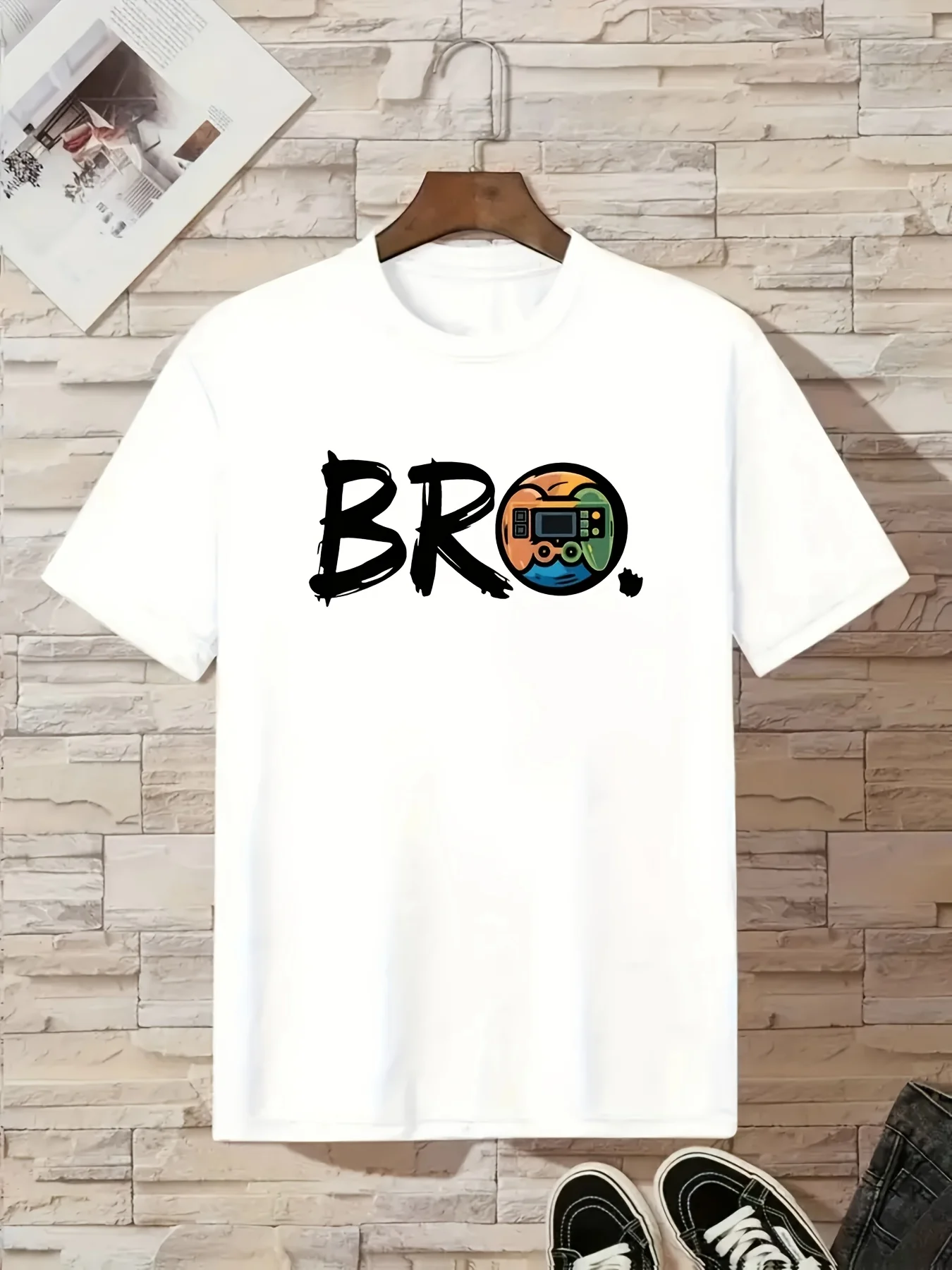 

Boys' casual short-sleeved T-shirt-BRO pattern and color game handle design -100% polyester fiber breathable crew neck jacket, s