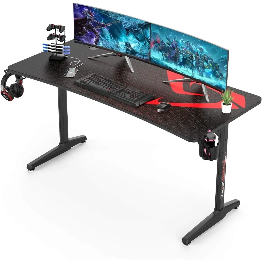 Gaming Desk, 60 Inch Computer Desk Carbon Fiber Surface Gamer Desk with Free Mouse pad, T-Shaped Professional Gaming Table USB