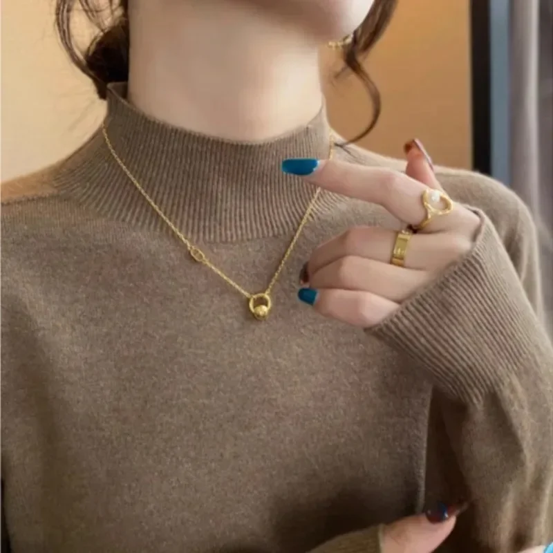 شبه الياقة المدورة المرأة سترة موضة جديدة طويلة الأكمام محبوك عادية قاع قميص بلون رقيقة تريكو