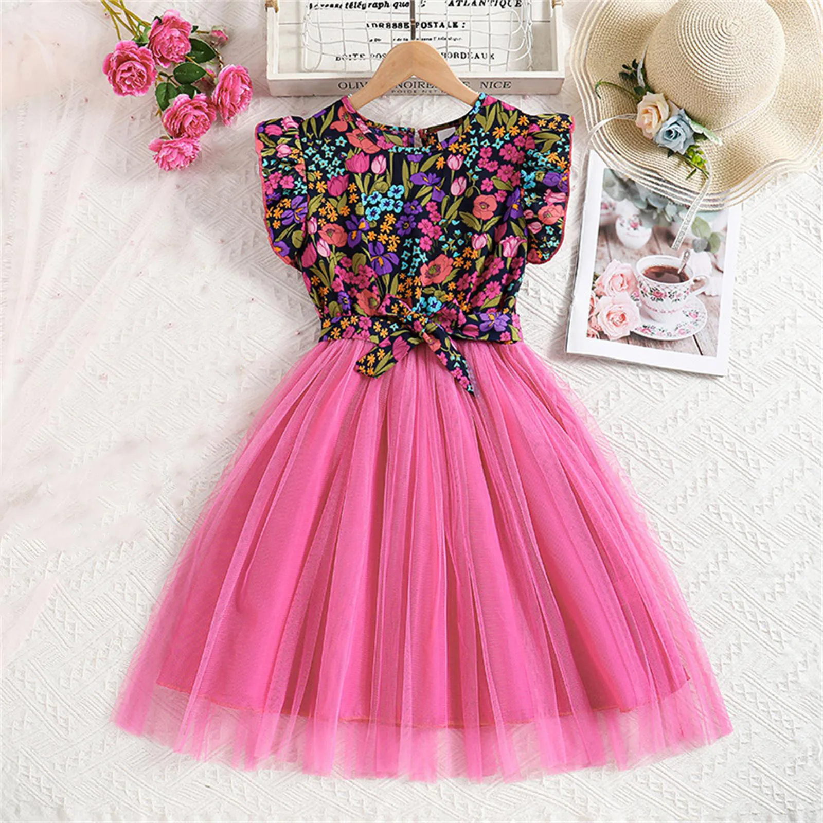 Summer Girl Dresses Floral Print Rose Petal sleeve Gauze Dress & Belt Casual Vacation Style Party Clothes For 8-12 Years Kids