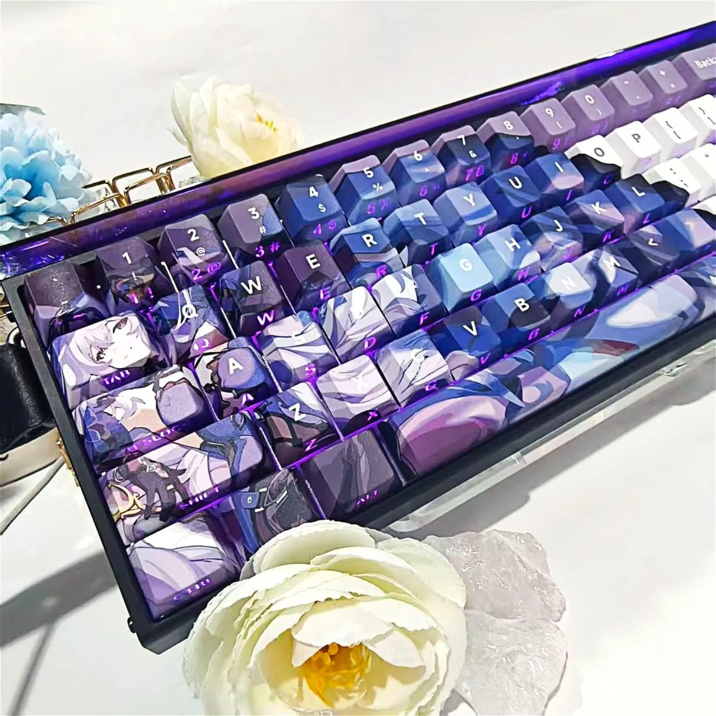 Purple Black Swan Cherry Keycap PBT 99 Key Side Engraved Character Translucent Suitable for 61/68/75/84/87 Mechanical Keyboard