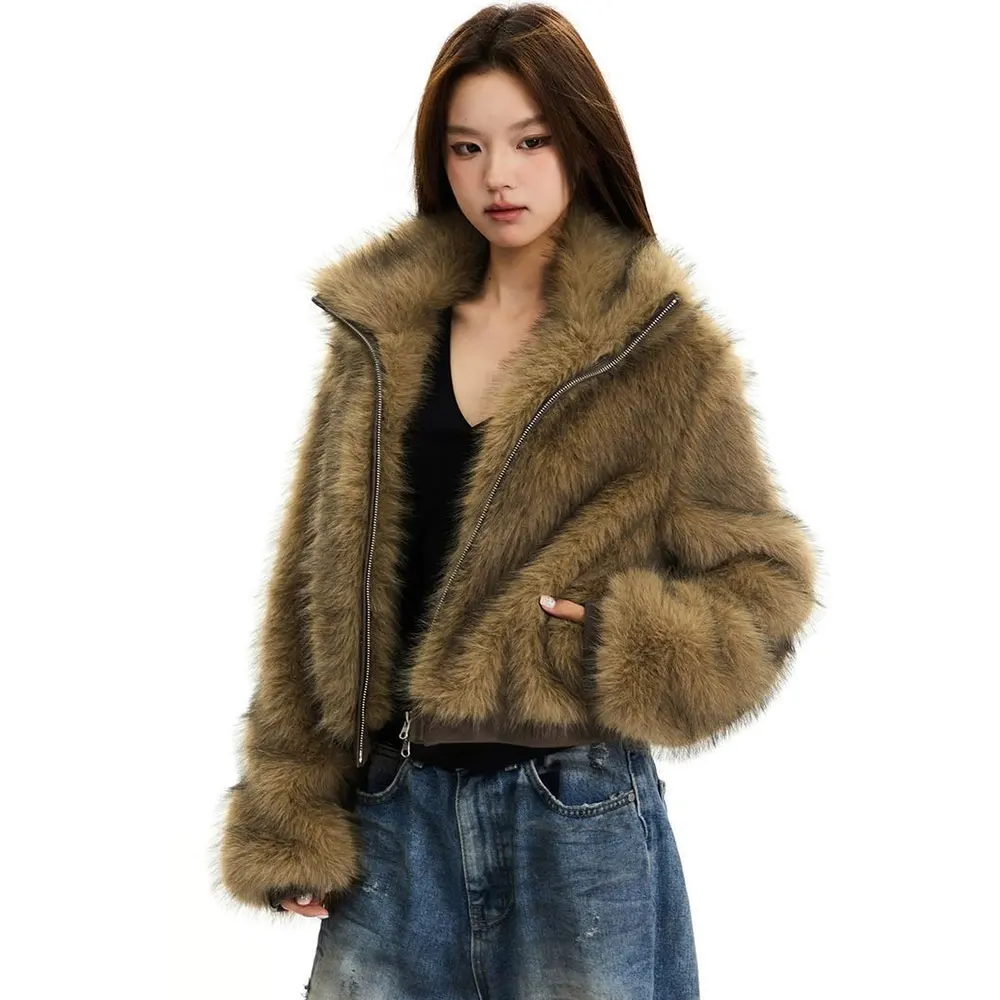 Zipper Short Faux Fox Fur Coat Women Winter Fluffy Jacket Long Sleeves Artificial Plush Fur Coat Furry Outerwear 2025