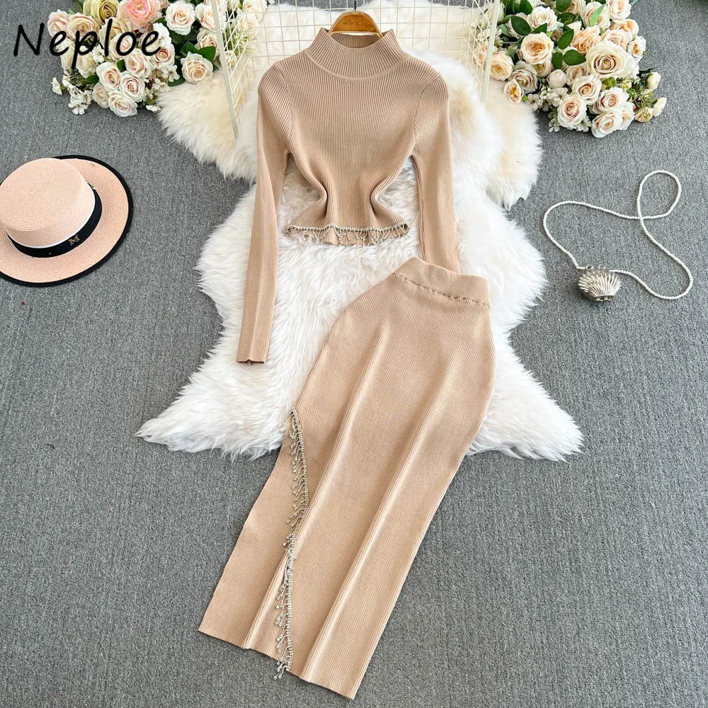 

Neploe Vintage Turtleneck Moda Slim Short Sets Pullovers Knit High Waist Vent Bodycon Falda Chain Elasticity Minority Suit Skirt