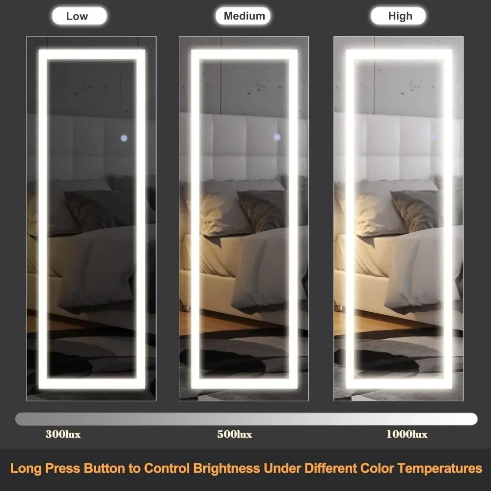 Wall Mounted LED Lighted Vanity Full Length Mirror, 3 Colors Dimmable Light, Bedroom and Bathroom Hanging Rectangle