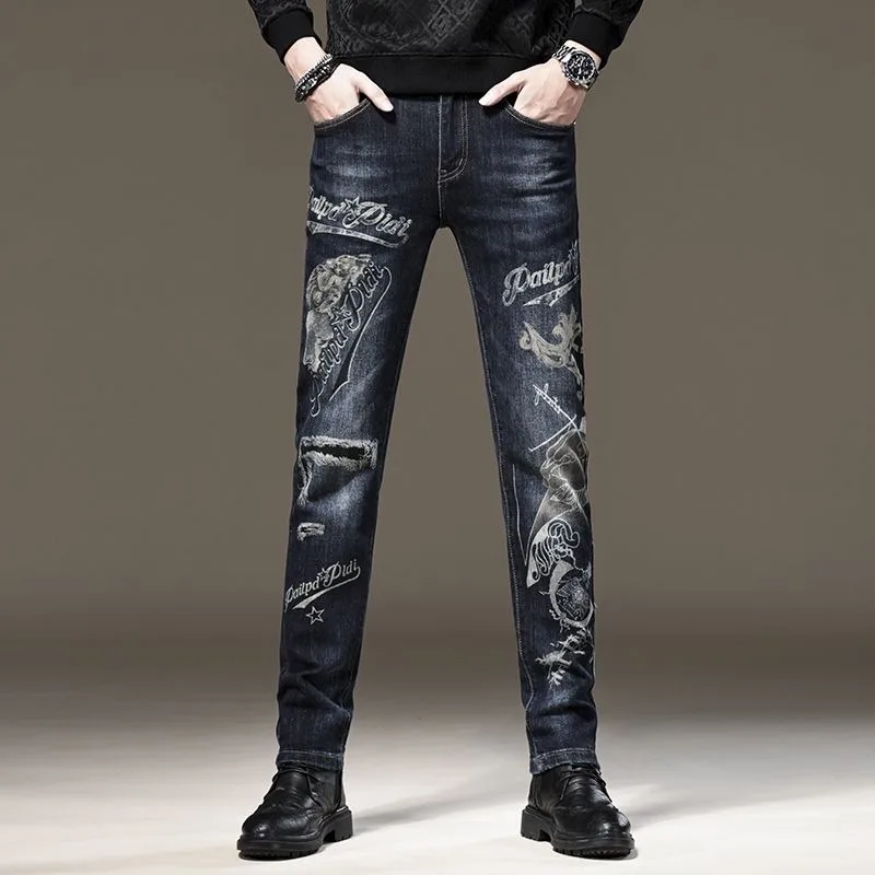 2023 Autumn Winter New Slim Casual Print Fashion Warm Denim Handsome Pants Men Slim Everything Simple Small Feet Trousers