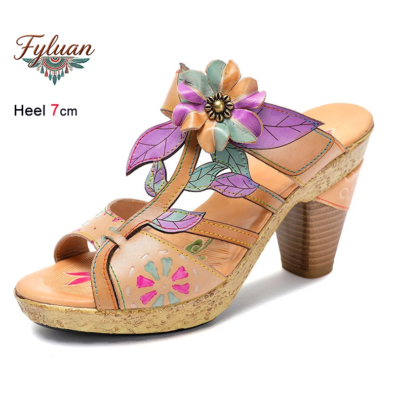 

Summer Genuine Leather Apricot Color Women Slippers Sandals Thick Heels 7cm Ladies Pumps Three-dimensional Flower Bohemian Shoes