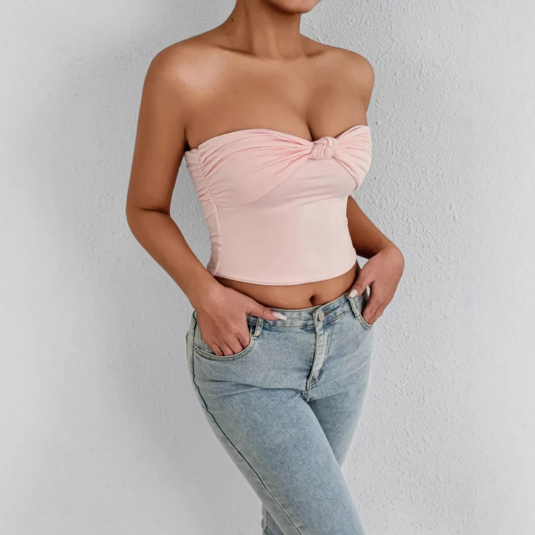 Sexy Off Shoulder Twist Together Wrap Chest Tank Top Women Backless Bare Midriff Halter Crop Tops Female Tube Top Cropped Vest