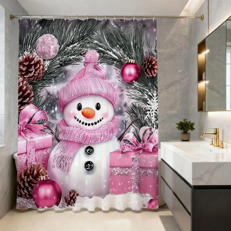 Christmas Shower Curtain Snowman Gingerbread Man Santa Xmas Tree Reindeer Waterproof Bath Curtain Holiday Decor w Hook
