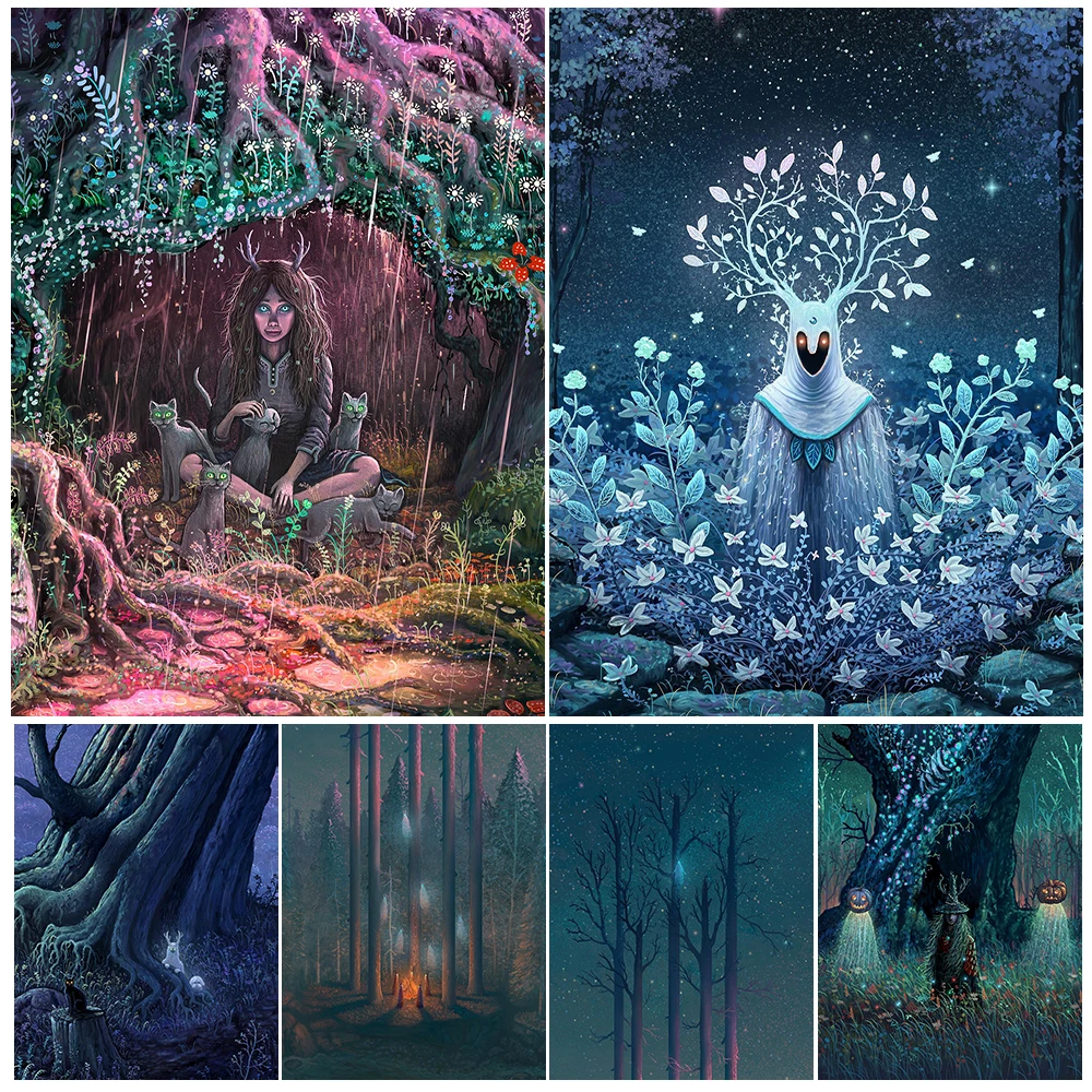 Shaman Spirits Guarding The Forest Vintage Wall Art Canvas Painting Mysterious Tree Spirit Abstract Art Poster Print Home Decor