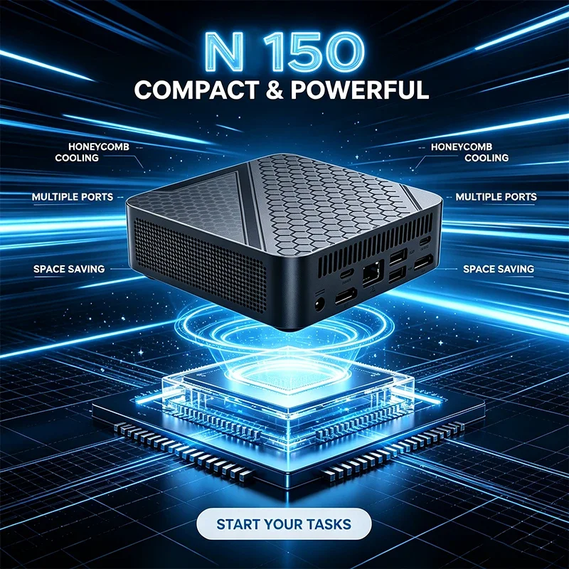 N150 Mini PC Compact Desktop Computer Honeycomb Cooling Multiple Ports Space‑Saving for Home Office Business