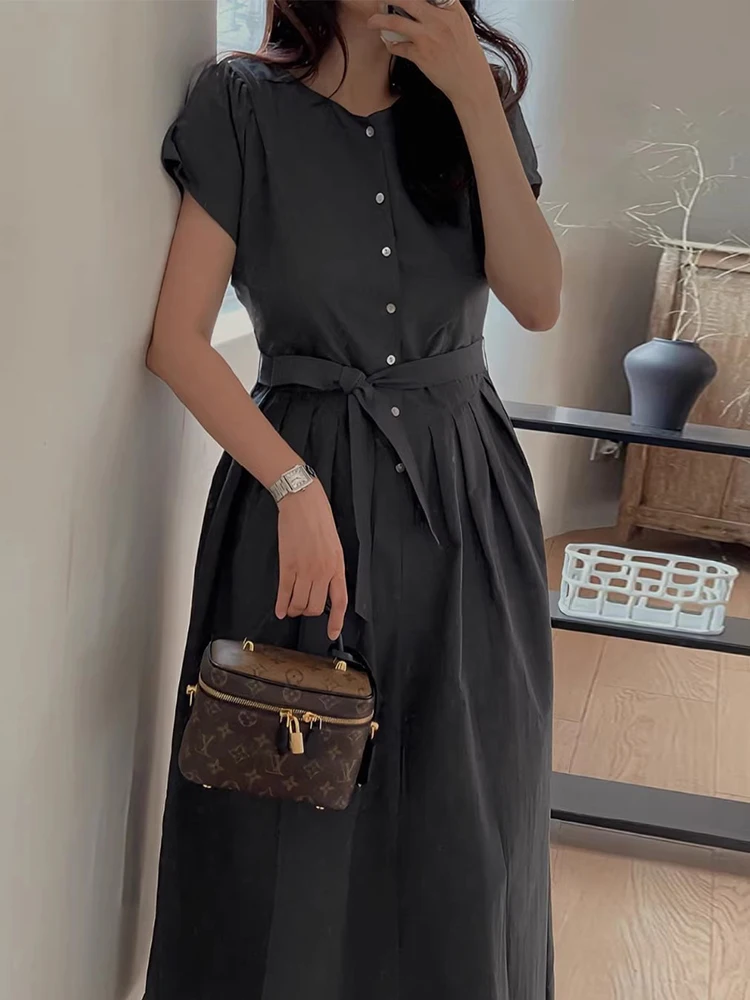 فستان صيفي أنيق بأكمام قصيرة وخصر ملفوف للتخسيس مطوي في اتجاهين وزر واحد أنيق للنساء بخصر عالٍ على الطراز الكوري #3