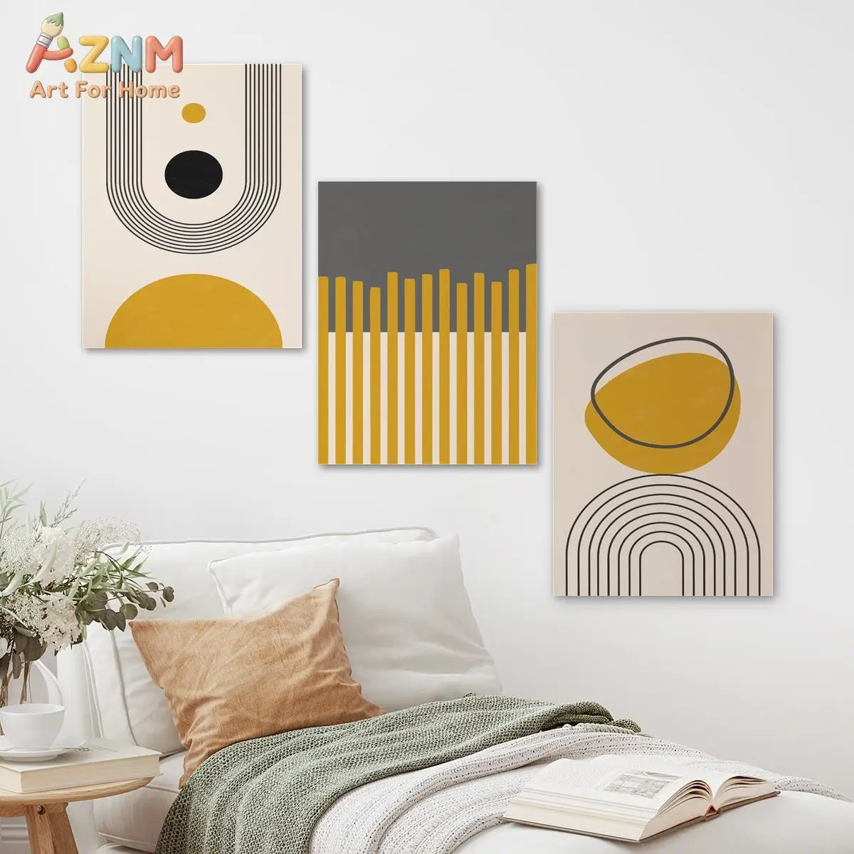 AZNM Mid Century Modern Abstract Geometric Arch Circle Line Art Canvas Wall Art, Mustard Yellow Black Neutral Boho Minimalist Pr