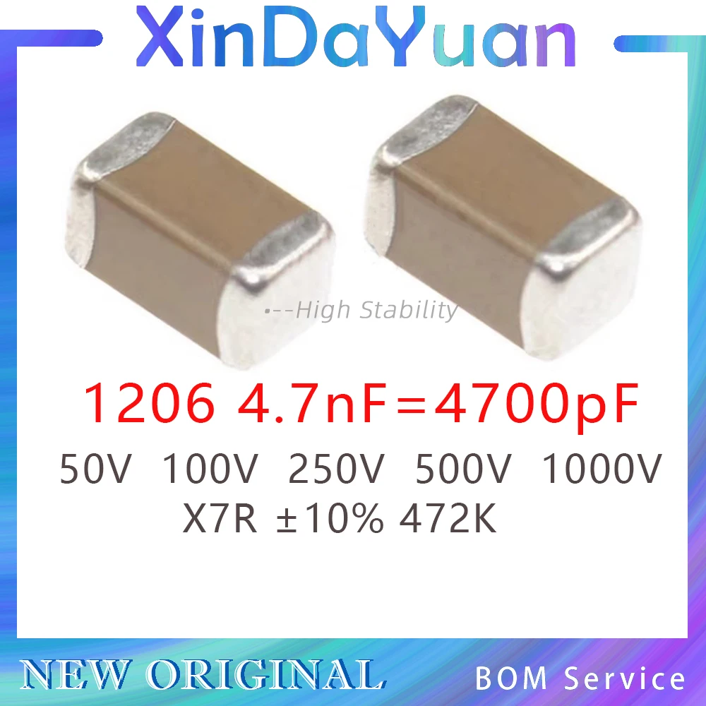 50 pièces 1206 4,7 nF 4700 pF 472K 50 V 100 V 250 V 500 V 1000 V ±10% X7R Condensateur Céramique Multicouche SMD MLCC