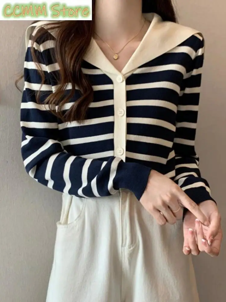 

Blue Striped Knitted Open Cardigan Women's Spring Autumn High Sensation Color Colion V-ne Long Sve Outerwear INS Top