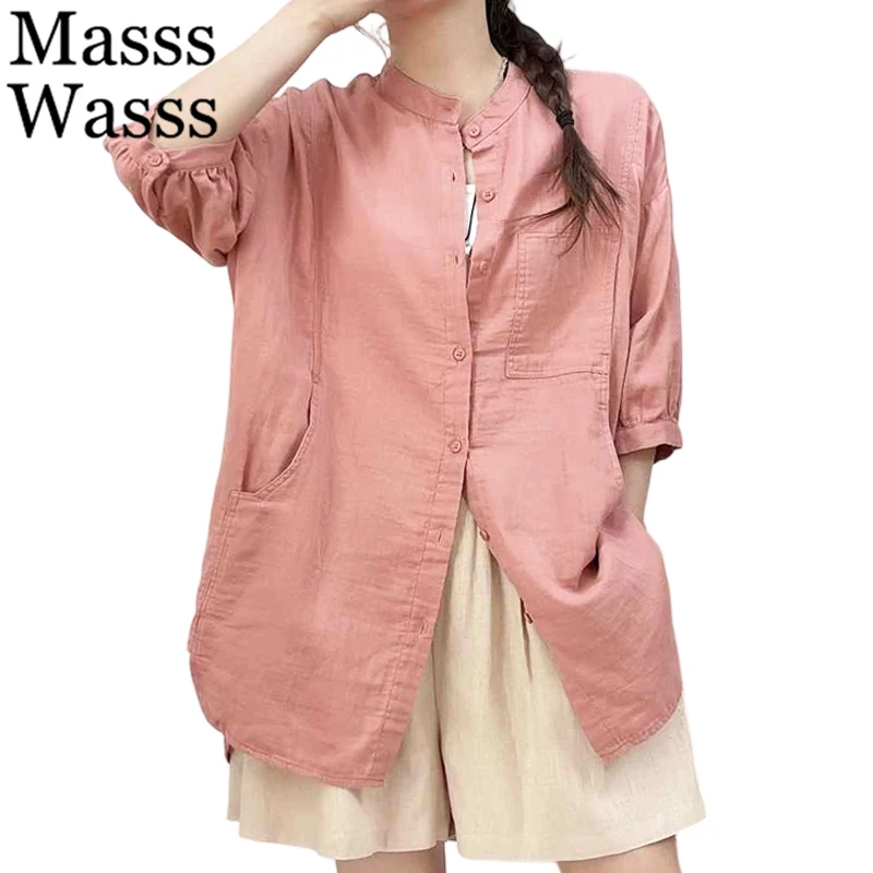 

Masss Wasss 2026 Classic Leisure Shirts Ladies Summer Vintage Elegant Soild Blouses Women Korean Fashion Loose Cotton Linen Tops
