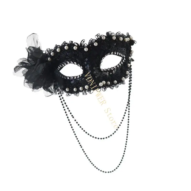 Elegante halfgelaatsmasker met imitatieparels en accenten Comfortabele plastic gezichtsbedekking Perfect voor themafeesten D08E