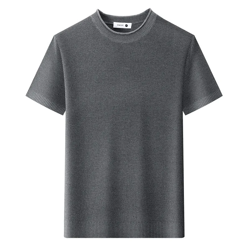 2026 Summer New Knitted Round Neck Short-sleeved Men's Daily Commuting Fashion Solid Color Breathable Pullover Men's T-shirt