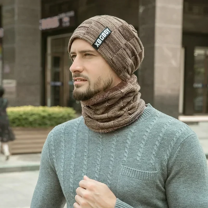 Gorro e cachecol forrado com lã masculina e feminina, chapéu grosso de malha quente, bonés masculinos, mais veludo, pulôver, crianças, inverno, 2 peças