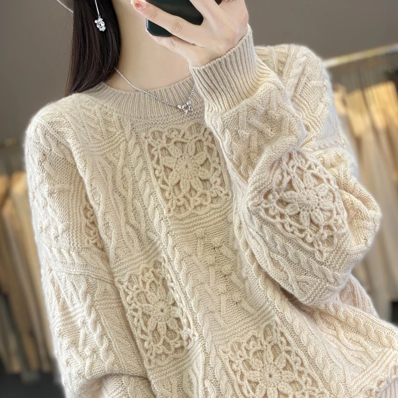 100% pure wool sweater women\'s round neck hook openwork knitted sweater loose lazy trend heavy wool bottoming shirt